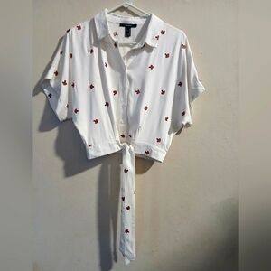 Forever 21 White Tie-Front Blouse with Red Mushroom Embroidery Sz M